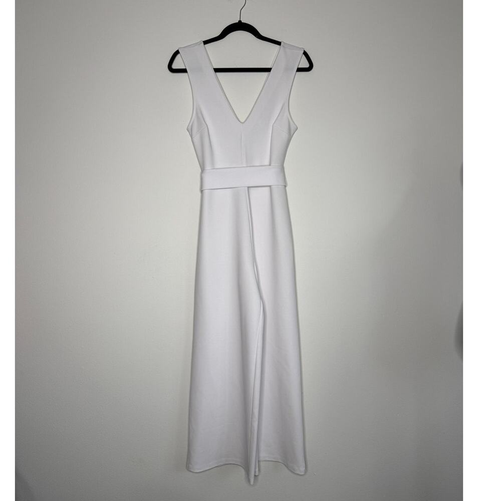 White Minimalist Wide Leg Jumpsuit | Deep V Neck | Modern Bridal Chic - Picture 2 of 5